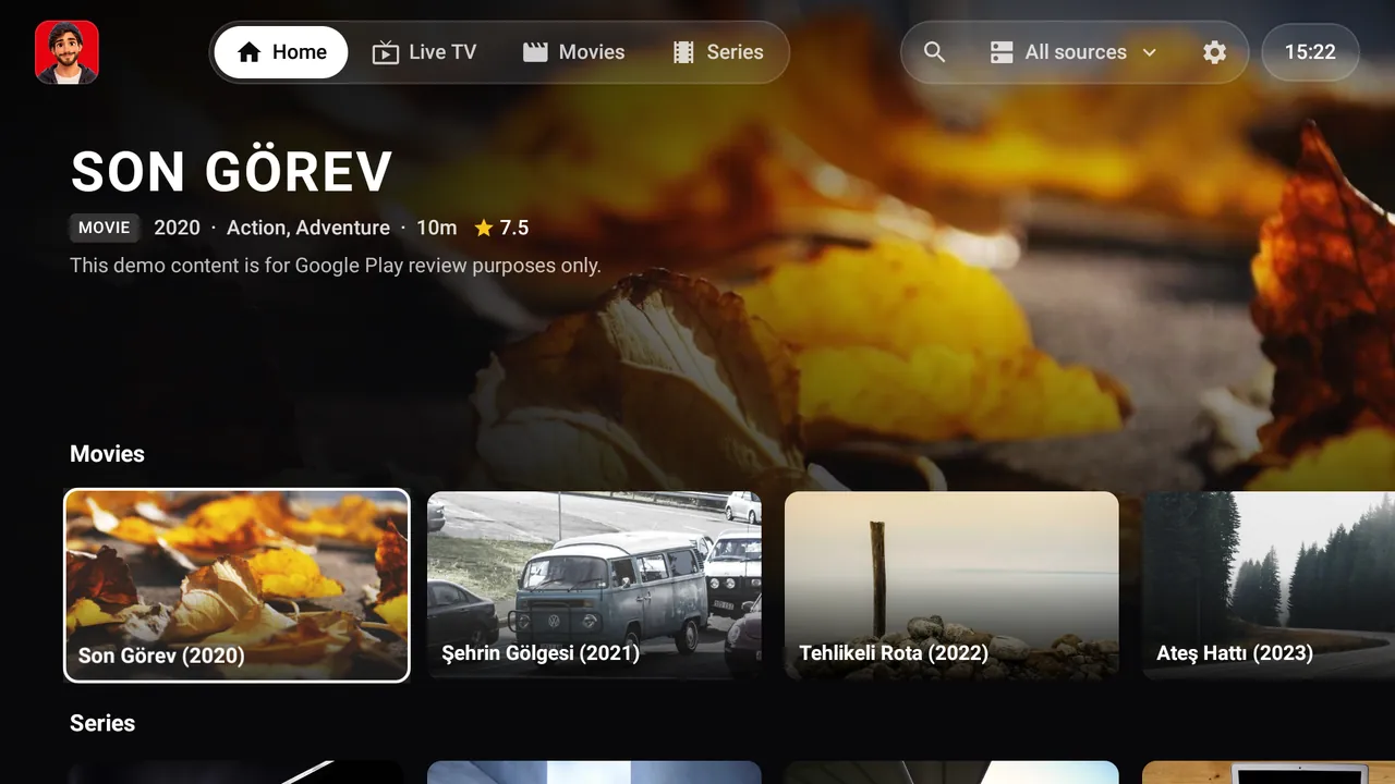 TK IPTV Player Android TV ana sayfa: sinematik kapak ve film, dizi satırları